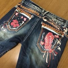 Grasshopper デニムフレアパンツ W25 花とバタフライ刺繍　Y2Kのサムネイル
