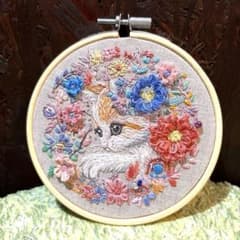 u*6様 刺繍フレーム❁⃘11cm ネコ 置き型 壁掛け レトロ アジアン プレ
