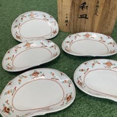 平安橘吉】たち吉 赤絵花紋 楕円深皿 金彩 和食器 美品 木箱付 5枚