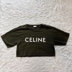 希少色 極美品】 CELINE クロップド Tシャツ ロゴ カーキ 短丈 M 