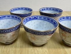 中国 景徳鎮 青花玲瓏 粉彩 金彩 湯呑み 5客セット ヴィンテージのサムネイル