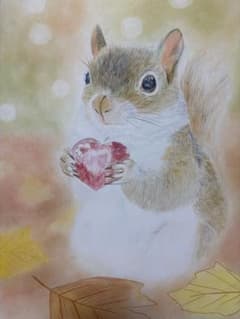 手描きイラスト リス ハート 色鉛筆画のサムネイル