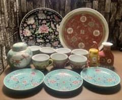 稀少】中国景徳鎮 萬寿無疆 粉彩 食器 15点セット ヴィンテージ