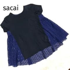 sacai サカイ カットワークレースアップ フレアTシャツ ネイビー リネン sacai サカイ カットワークレースアップ フレアTシャツ ネイビー