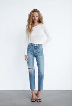 ZARA ストレートフィット ダメージディテール ダメージパンツ ブルーのサムネイル