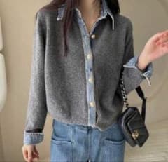 デニム襟 デニム　ニット　ボタンニットカーディガン チャコール　グレー　リュミエ