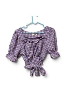 チェック柄 ブラウス 半袖 パープル ピンク 夏服 レディース レース リボンのサムネイル