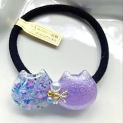再販△】レジン ヘアゴム 猫＆猫 ブルーパープル系◡̈♥︎ ※ヘアゴム