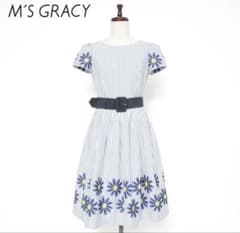 M'S GRACY フラワー ストライプワンピース ベルト付き 青 サイズ36