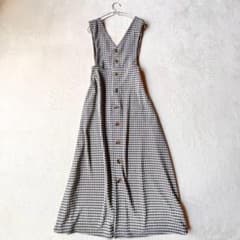 【ルナシオン】千鳥格子柄 ノースリーブ ロングワンピース Vネック フレア L