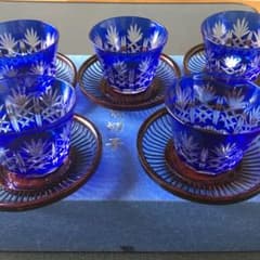 未使用品 藍色被切子冷茶グラス 茶托付 5個揃のサムネイル