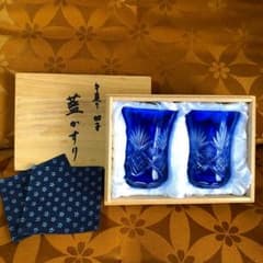 手造り 切子 藍かすり コースター付き　ペアグラスのサムネイル