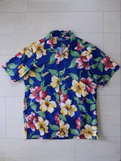 美品 90s ポロラルフローレン アロハシャツ ハイビスカス柄 開襟 青 M