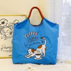 【24h以内発送】トートバッグ エコバッグ 猫 コーヒー 刺繍 ブルー 大容量のサムネイル