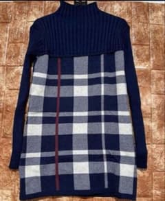 【美品】ニットワンピース　ネイビー　チェック柄　膝上ワンピ　Sサイズ