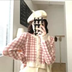 ニットカーディガン ギンガムチェック 韓国ファッション ピンク  チェックのサムネイル