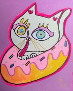 ドーナツ猫さん】F3キャンバス 絵画 イラスト 猫絵 猫 アート 白猫