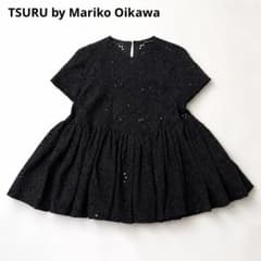 ツルバイマリコオイカワ ペプラムブラウス 総レース カットワーク 黒