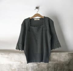 ヴィンテージ レトロ古着アンティーク刺繍襟くすんだグリーンニット