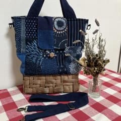 山葡萄国産かごバック手提げショルダー2way仕様藍染め型染め雪ん子縞木綿 m38362332814_1.jpg?1721796206