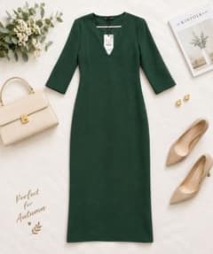 ZARA 深緑 Vネック 7分袖 ワンピース 秋コーデ Mのサムネイル