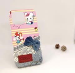 【オーダー】iPhoneケース レトロアニマル柄(ピンク)×デニム スマホケースのサムネイル