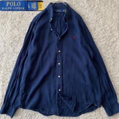 現行/L ポロラルフローレン リネン100% 長袖シャツ BD ポニー ネイビー