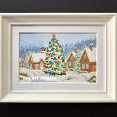 透明水彩画 原画 「ホワイトクリスマス03」額縁付き ハガキサイズ 風景