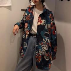 【大人気】ユニセックス 柄シャツ シャツ 古着 レディース 韓国 ブルー 2XLのサムネイル