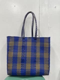 【新品未使用】メキシコ購入品　メルカドバッグ ブルー×ゴールド チェック柄のサムネイル