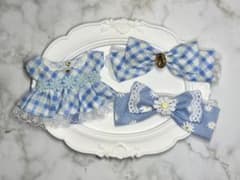 ちびぐるみ用ぬい服　ワンピース&ヘアリボン2種セット　夏色チェック柄のサムネイル