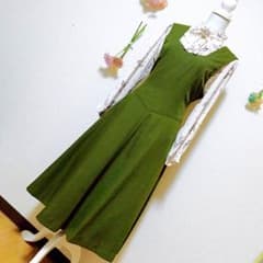 ヴィンテージ ワンピース ジャンバースカート カーキ 美品 レア リボン 緑のサムネイル