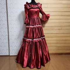 赤いサテン フリル付きロングドレス ベルスリーブのサムネイル