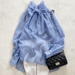 極美品　SHIPS オーガンジー リボン ブラウス　ブルー　ボウタイ　38 極美品 SHIPS オーガンジー リボン ブラウス ブルー ボウタイ 38