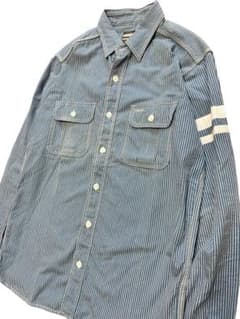 希少！桃太郎ジーンズ 対戦 ヒッコリー ストライプ長袖オープンシャツ 40(L) 希少！桃太郎ジーンズ 対戦 ヒッコリー ストライプ長袖オープンシャツ