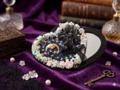 ハンドメイド　ハート型 デコレーション 手鏡 ブラックのサムネイル