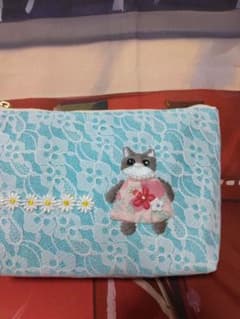 水色レース 猫のアップリケポーチのサムネイル