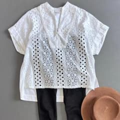 ヌキテパ カットワーク ボーダーヘムラ刺繍フレンチスリーブブラウス 白 wb1 ヌキテパ カットワーク ボーダーヘムラ刺繍フレンチスリーブブラウス
