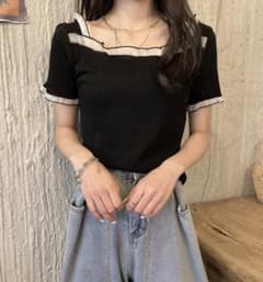 韓国ファッション　フリル　上品ニットトップス　ブラックのサムネイル