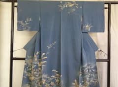 付下げ 正絹 一つ紋 単衣 銀糸刺繍 流水菖蒲竹垣萩松文 着丈150センチ 