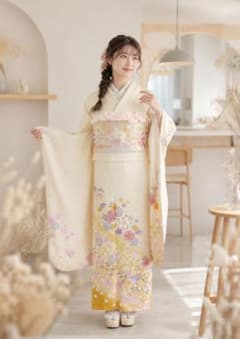 振袖フルセット 正絹】イエローベージュ ニュアンスカラー 桜柄 成人式