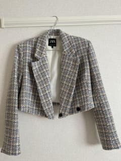 ZARAザラ ショート ツイード ジャケット 水色 グレー チェックのサムネイル