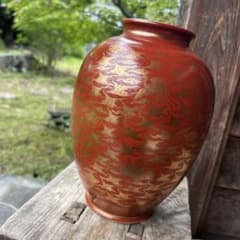 九谷焼？赤絵金彩 花瓶 壺 鳳凰 雲 亀 縁起物 高さ約25cm 幅約23cm丸