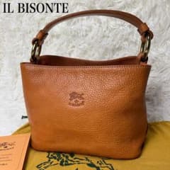【希少 美品】IL BISONTE バニティバッグ シボ革 ロゴ型押し キャメル 希少 美品】IL BISONTE バニティバッグ シボ革 ロゴ型押し キャメル