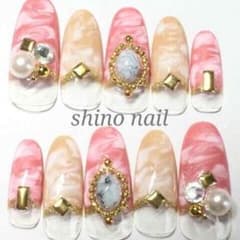 L/艶ジェル♡コーラルピンク ベージュ マーブル ビジュー ターコイズ ネイルのサムネイル