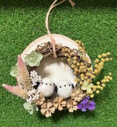 シマエナガちゃんのリース☆羊毛フェルト☆ハンドメイド☆ミモザ