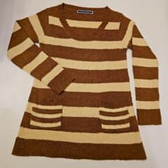 ボーダー柄 長袖ニット チュニック丈 ポケット付き Mサイズ 白×茶のサムネイル
