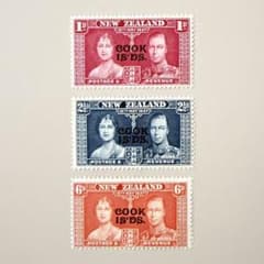 ニュージーランド使用済切手　オレンジ　1860年代レア切手 外国切手3枚（ニュージーランド、クック諸島：1937年国王戴冠記念