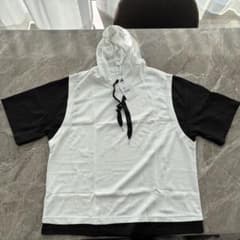 モノトーン❣️レイヤード風 フード付きTシャツ 白黒XLサイズ　メンズ　大きめ