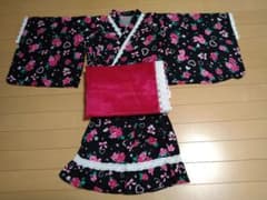 浴衣ドレス！黒地 バラとハート柄 帯付き かわいい 帯ピンクのサムネイル